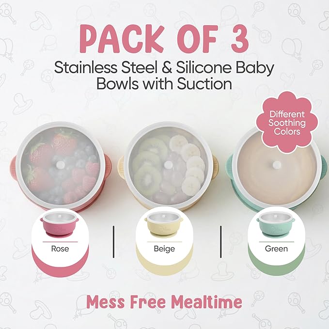 o'doe Suction Bowls for Baby - Non-Toxic Stainless Steel Baby Bowls 5" with Non-Slip Removable Silicone Shell - BPA-Free Toddler Bowls (Green + Rose + Beige)