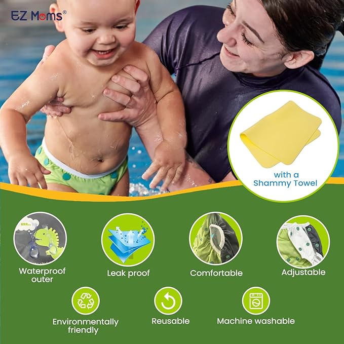 EZ Moms Baby Swim Diapers Reusable 2Pcs Snap One Size Adjustable Washable Newborn Infant Swim Diaper with a Shammy Towel for Baby Boy Water Diaper Waterproof Swimming Diapers for Swimming Lessons
