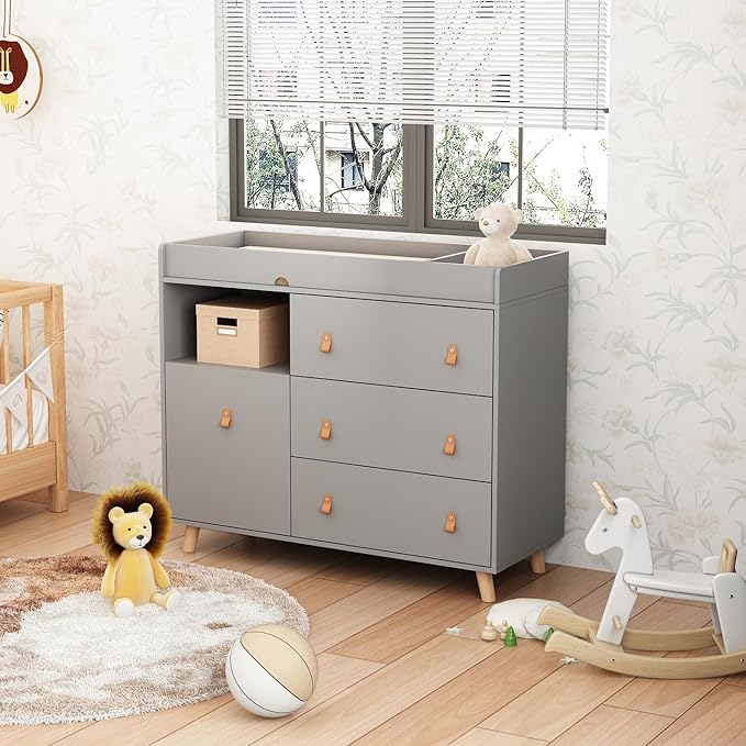 Timechee Baby Dresser Changing Table with Drawers,Shelf,Hidden Laundry Basket Storage,2 in 1 Nursery Dresser Chest for Infants, Baby Diaper Changing Station for Daycare,Bedroom,Grey