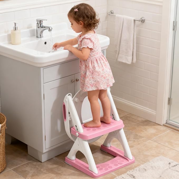 Potty Training Seat with Step Stool Ladder, Toddler Toilet Seat for Boys Girls, Adjustable 6 Heights Fits Round & Elongated Toilets, Anti-Slip Pads & Leak-Proof Guard