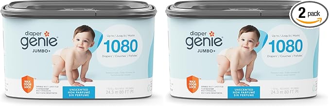 The Diaper Genie Jumbo+ Square Refill, with continuous film, can hold up to 1080 newborn-sized diapers per refill. (Pack of 2)