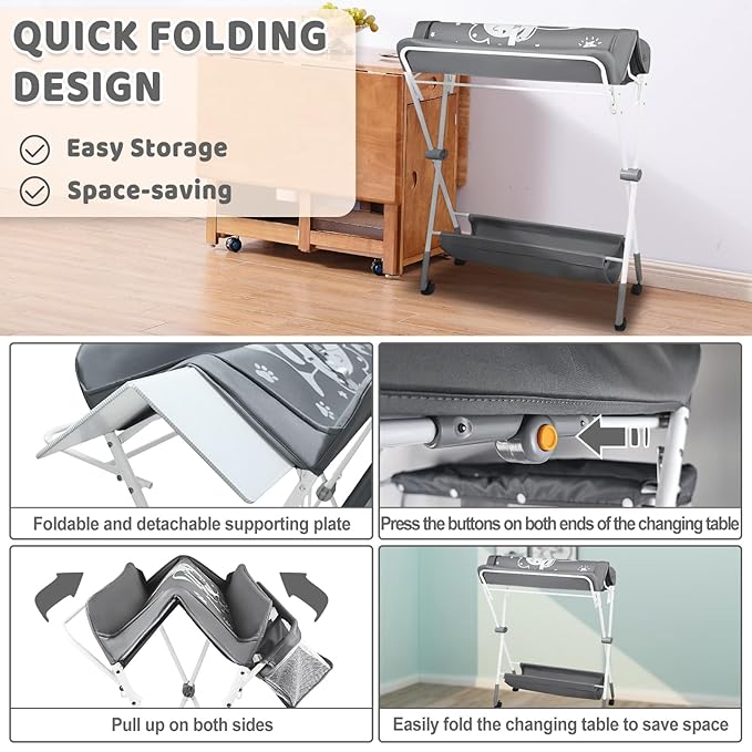 Baby Changing Table, Portable Folding Diaper Changing Station with Wheels, Adjustable Height Nursery Organizer with Safety Belt & Storage Basket & Hanging Rack for Newborn Baby and Infant (Gray)