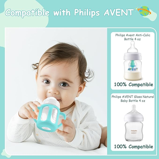 2 Pack Silicone Sleeves with Handles for Philips Avent Glass Natural Bottle and Philips Avent Anti-Colic Bottle 4 oz, Anti Breakage Baby Bottle Holder, Compatible with Avent Glass Baby Bottle