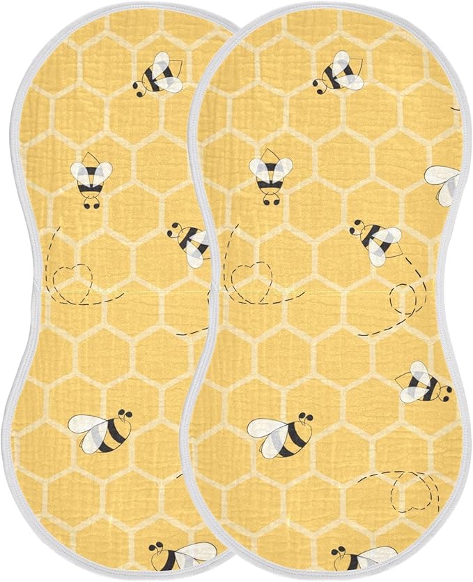 Cute Bee On Honey Yellow Honeycomb Muslin Burp Cloths for Baby 2 Pack 100% Cotton Baby Washcloths Bibs for Boy Girl