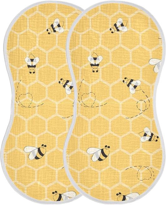 Cute Bee On Honey Yellow Honeycomb Muslin Burp Cloths for Baby 2 Pack 100% Cotton Baby Washcloths Bibs for Boy Girl