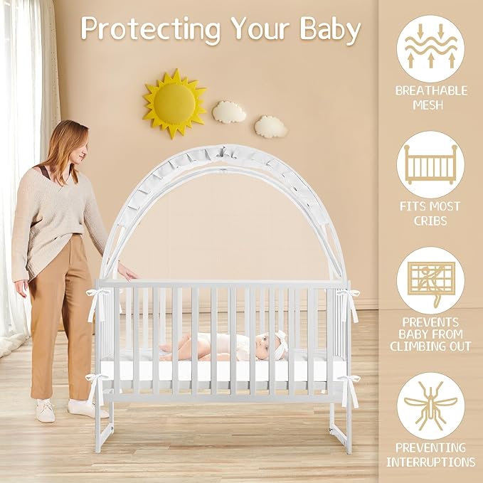 Crib Tent to Keep Baby from Climbing Out, Crib Net to Keep Baby in - Mesh Climbing Prevention, Pop Up Tent with Two-Way Self-Locking Metal Zipper (White, Large)