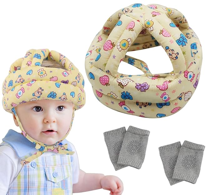 Baby Safety Helmet+2 Pairs Baby Crawling Knee Pads, Soft Comfortable Adjustable Baby Head Protective Cap Hat, Toddler Anti-Slip Knee Pads, for Baby Toddler Sitting Walking Climbing Running (Yellow)