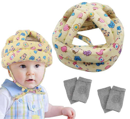 Baby Safety Helmet+2 Pairs Baby Crawling Knee Pads, Soft Comfortable Adjustable Baby Head Protective Cap Hat, Toddler Anti-Slip Knee Pads, for Baby Toddler Sitting Walking Climbing Running (Yellow)