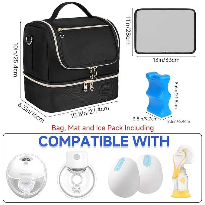 Wearable Breast Pump Bag with Cooler Compartment Fits for Willow/Eufy/Elvie/Momcozy M5/S12 Pro/Medela, Breast Milk Travel Tote Bag with Ice Pack & Waterproof Mat,Black