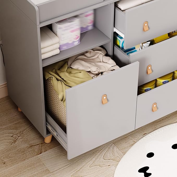 Changing Table Dresser, Baby Nursery Dresser with 3 Drawers and Shelf, Top Guardrail and Large Storage Cabinet, Hidden Trash Storage, Baby Changing Dressers for Nursery Room, Gray