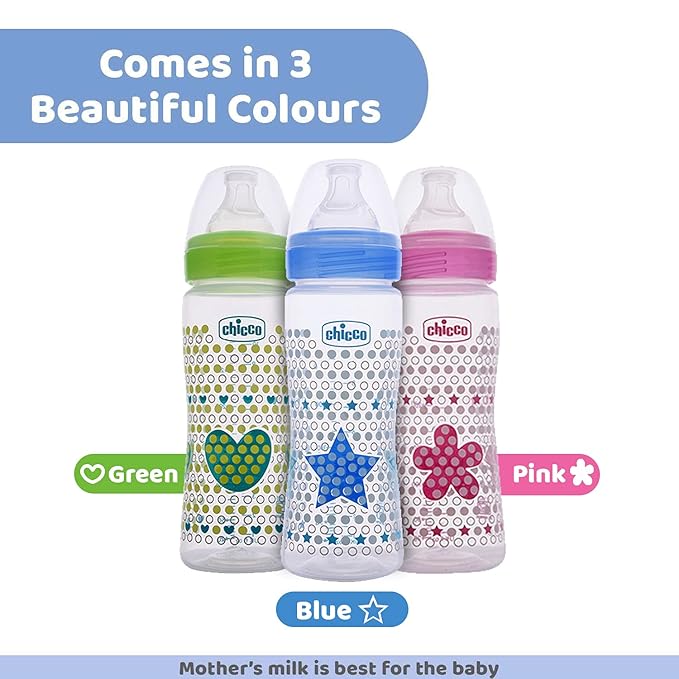 Chicco Well-Being 330 ml Feeding Plastic Bottle, Advanced Anti-Colic System, BPA Free, Hygienic Silicone Teat (Pink)