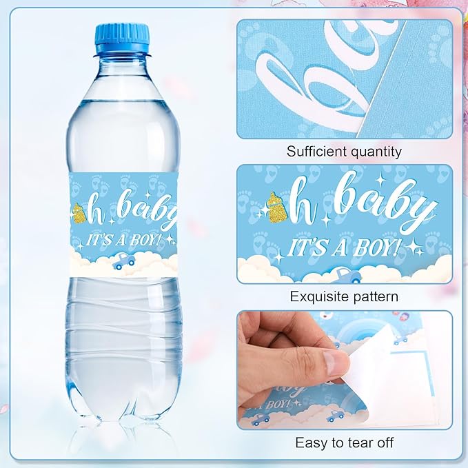 NQEUEPN 50pcs Baby Shower Water Bottle Labels, Waterproof Decorative Water Bottle Labels Personalized Water Bottle Wrap Stickers for Baby Shower Party Decorations (Boys Style 2)
