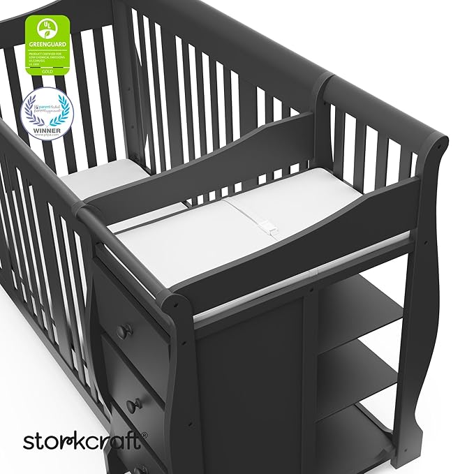 Storkcraft Portofino 5-in-1 Convertible Crib and Changer – Crib and Changing Table Combo with Drawer, Converts to Toddler Bed, Daybed and Full-Size Bed, Storage Drawer (Gray)