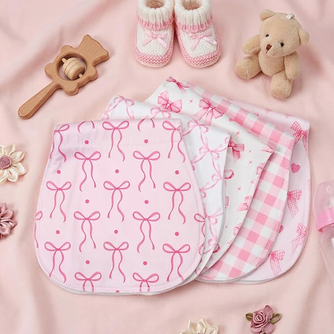SmoothNovelty 5 Pack Pink Bow Baby Burp Cloths Soft Absorbent Burping Rags for Newborns 19"x9" Spit up Cloths for Boy Girl Newborn Baby Shower Registry Gifts Set Nursery Decor