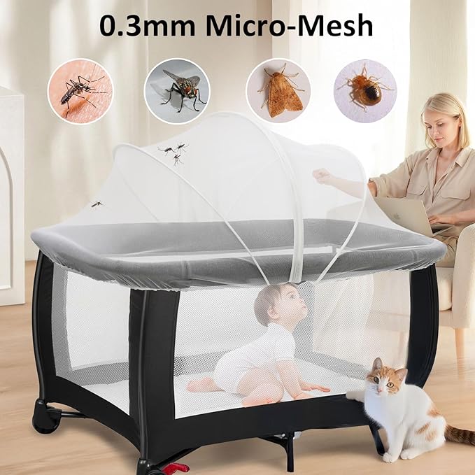Mosquito Net for Pack n Play, Pack and Play Cover, Travel Crib Net to Keep Cats Out, Crib Tent with 2-Way Zipper for Playpen, Mini Crib, White