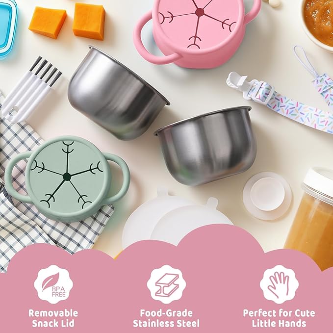Qtencas 2 Pack Stainless Steel Snack Containers for Toddlers with Spill-Proof Silicone Lids and Handles, Food Grade Snack Cups for Toddlers Kid（Pink and Green）