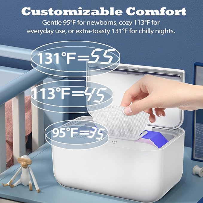 Baby Wipe Warmer Dispenser Holder with 3 Level Surround Temperature Control，Diaper Water Wipe Holder Container with Light for Wipe, Towel, Wet Tissue (White)
