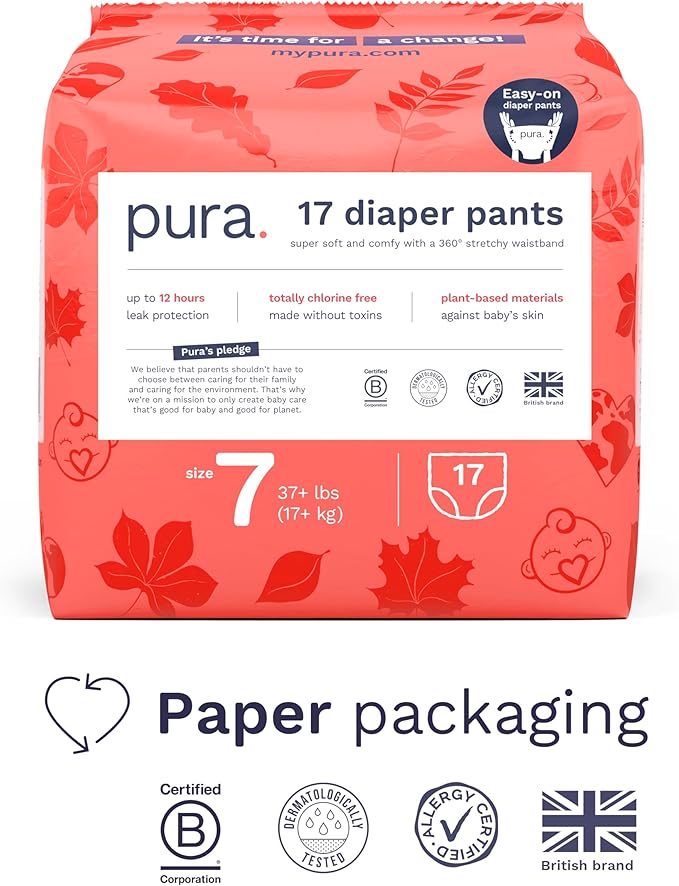 Pura Hypoallergenic Diaper Pants Size 7 (37+ lbs) Overnight, up to 12 Hours Leak Protection, Suitable for Sensitive Skin, Totally Chlorine Free, Soft Organic Cotton, 1 Pack of 17 Pull Up Pants