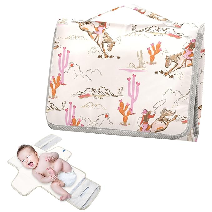 Portable Changing Pad for Baby - Cute Rodeo Cowgirl Waterproof Diaper Changing Mat Travel Changing Pad with Built-in Pillow - Shower Gift for Baby