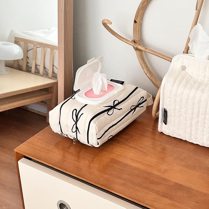 Travel Friendly Wet Wipe Storage Case Quilted Sturdy Cotton Storage Bag With Fashionable Stripe And Bowknot Detail