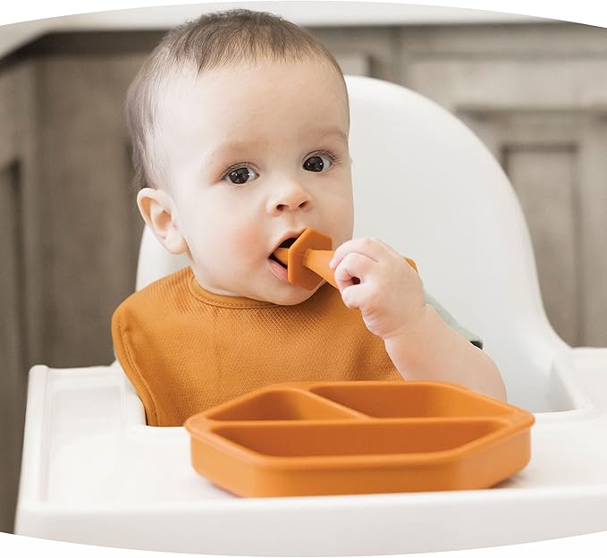Tiny Twinkle Silicone Suction Baby Plate, Suction Grip Divided Dish for First Foods and Self-Feeding Toddlers, Baby Led Weaning Supplies for Independent Eating (Cinnamon Plate)
