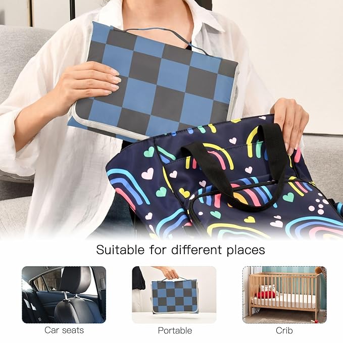 Portable Diaper Changing Pad Travel Baby Changing Mat Waterproof Diaper Changing Mat Foldable Lightweight Baby Changer with Built-in Pillow Checkered Navy Blue and Black