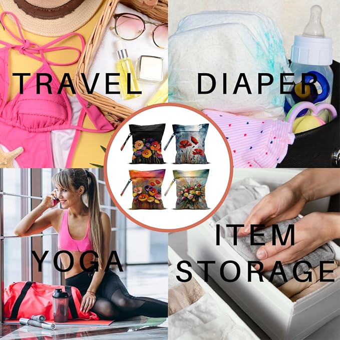 4 Pack Cute Wet Bag Waterproof Washable Reusable Wet Dry Bag for Swimsuit Dirty Clothes Diaper Travel Beach Pool Gym Christmas Bachelorette Party Toiletries Beach Essentials，Fashion Colorful Floral