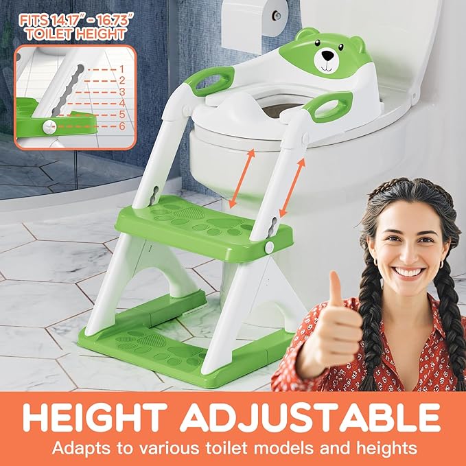 Potty Training Seat with Step Stool Ladder, Toddler Toilet Seat for Boys Girls, Adjustable 6 Heights Fits Round & Elongated Toilets, Anti-Slip Pads & Leak-Proof Guard