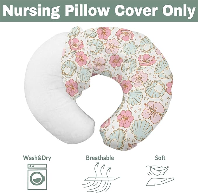 Boho Summer Mermaids Floral Nursing Pillow Covers for Boy Girl Beach Seashells Conch Tropical Flowers Nursery Slipcovers for Breastfeeding Pillows Ocean Marine Soft Stretchy Cover for Newborn Infant