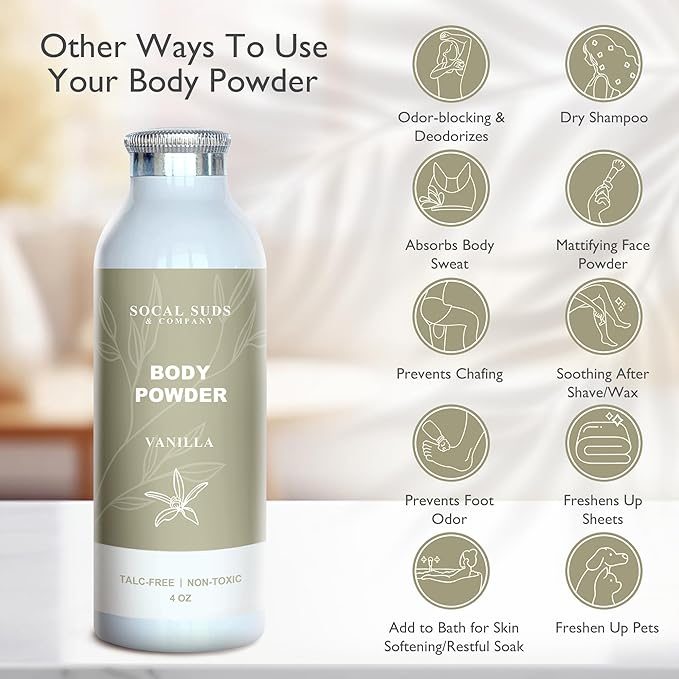 SoCal Suds & Company - Natural Body Powder Talc-Free - with Arrowroot Powder, Kaolin, Aspen Bark Extract for Soft Soothing Delicate Skin - Vanilla 4oz, 1-Pack