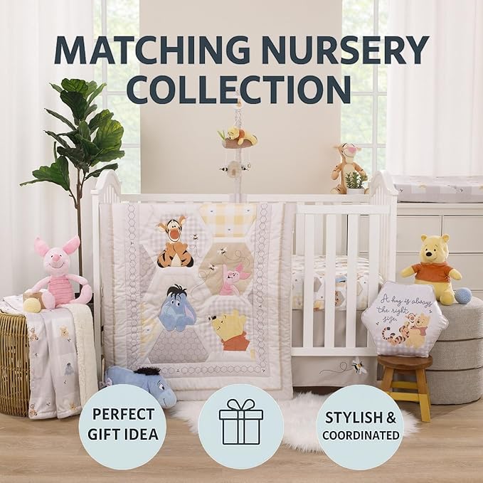 Disney Winnie The Pooh Hugs and Honeycombs Grey and White Plaid with Piglet, Tigger and Eeyore Contoured Changing Pad Cover
