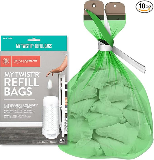 Prince Lionheart Diaper Refill Bags 10PACK for MY TWIST’R Diaper Pail, Made in USA Outsmart Odors, 7-Layer Bags with Odors Free Patented Technology