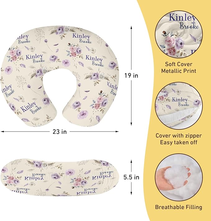 Customizable Flowers Baby Nursing Pillow Cover - Add Your Baby's Name, Ultra-Soft Stretch Fabric, Fits Standard Nursing Pillows, Ideal for Baby Showers Style 16