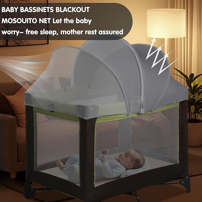 Pack N Play Tent Cover - Light-Blocking Mosquito Net with Two-Way Zipper Portable Bassinet Canopy to Keep Cats Out Bedside Bassinet Insect-Proof Cover, Gray-Large