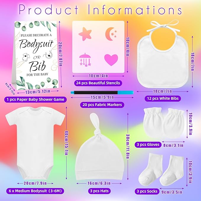 78PCS Baby Bib Bodysuit Baby Shower Set Baby Shower Game Sign Baby Feede Bib Newborn Bodysuit Fabric Marker