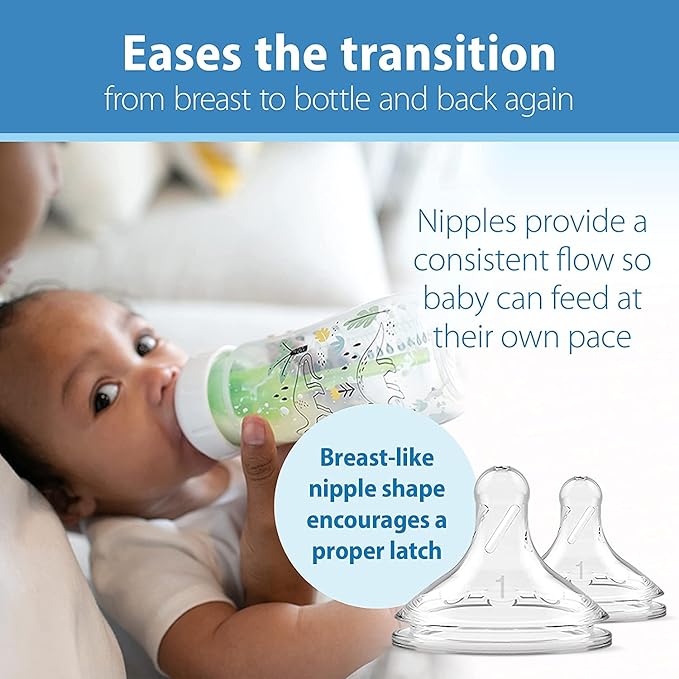 Dr. Brown's Anti-Colic Options + Wide-Neck Baby Bottle Designer Edition, Dino Decos, 9oz/270mL, Level 1 Nipple, 2-Pack, 0m+ with 6-Pack Level 2 Nipples