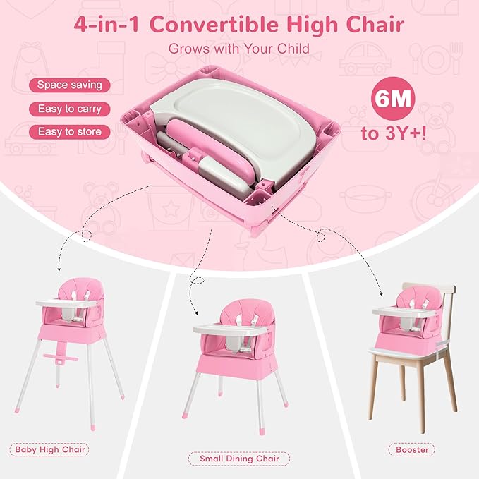 BOSEDSANG 4-in-1 Baby High Chair, Convertible Highchair for Babies and Toddlers, Portable High Chair with Foldable Design, Booster Seat for Kitchen, Dining & Outdoor Use, Easy to Clean & Storage(Pink)