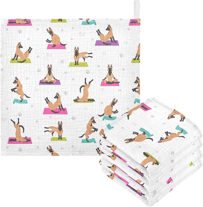 vvfelixl Baby Cotton Washcloths Belgian Malinois Yoga Infants Bath Towel for Unisex Face Towels for Newborn, Natural Baby Wipes Delicate Skin, 11.8 X 11.8 inch, one sizex5