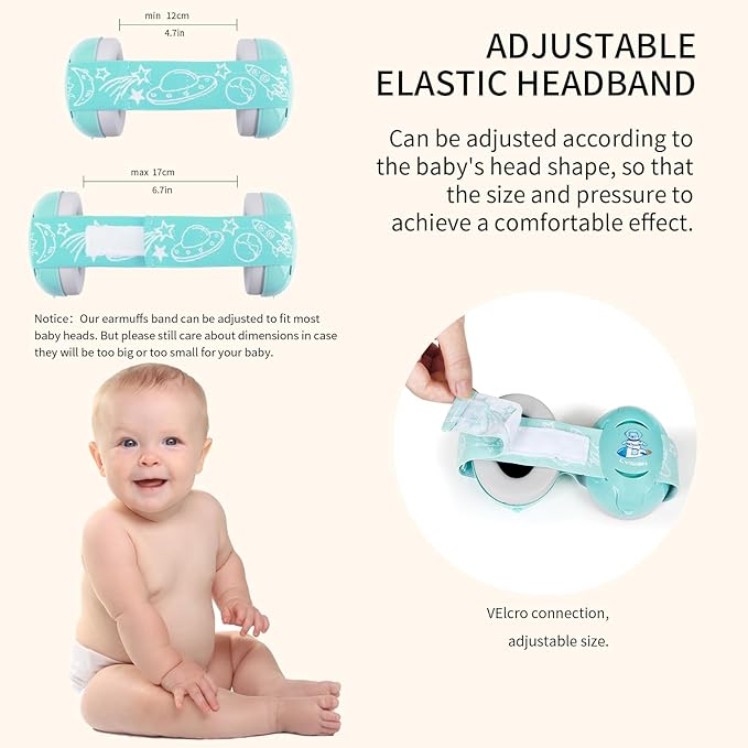 LYSIAN Baby Earmuffs for Infants & Toddlers 3 Months-3 Years, 25dB SNR Noise Reducing Hearing Protection with Elastic Headband for Travel, Airplanes, Outings and Fireworks, Aqua