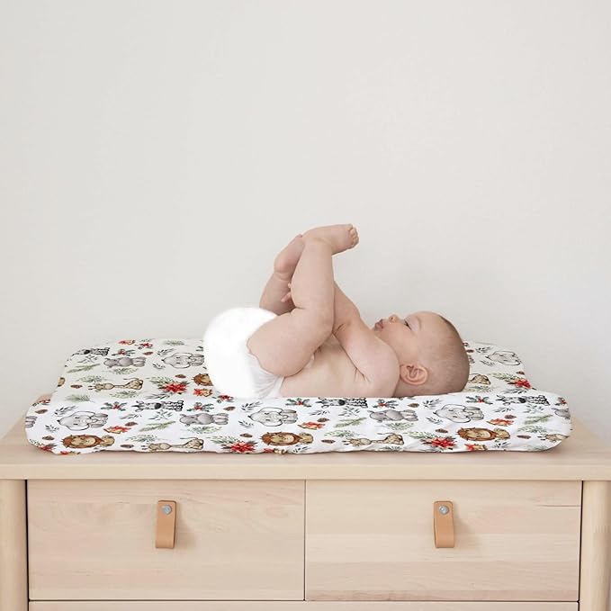 Baby Safari Animals Christmas Cherry Fir Leaves Changing Pad Covers Lion Elephant Giraffe Zebra Hippo Diaper Change Table Pad Covers for Girl Boy Soft Stretch Changing Mat Sheets 32''x16''