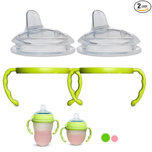 Sippy Spout Nipples with Bottle Handles for Comotomo Baby Bottles 2-Pack Soft Food Grade Silicone Spout, Transition Nipples, Converts Baby Bottle to Sippy Cup, Spill Proof, BPA-Free, 4+ months (Green)