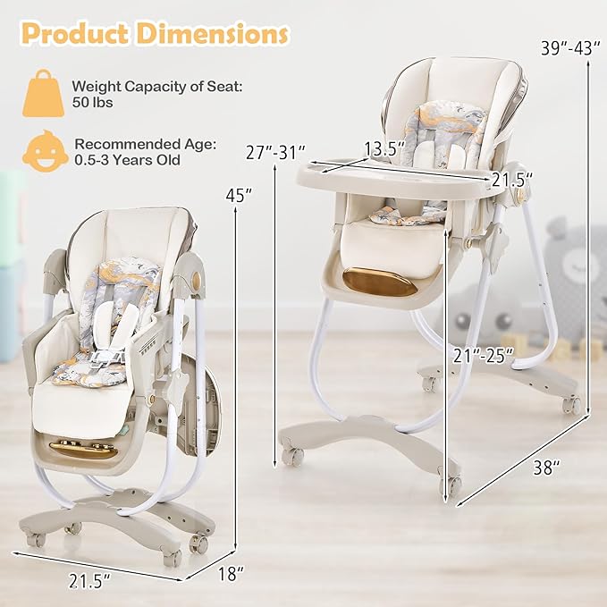 HONEY JOY Baby High Chair, Foldable High Chairs for Babies and Toddlers, Adjustable Heights, Recline Backrest & Footrest, Double-Layer Tray & Cushion, Portable Infant Highchair with Wheels (Gray)