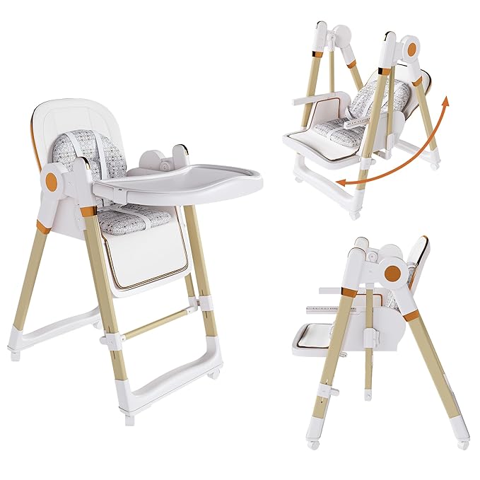 Foldable Baby High Chair with 150° Swing & Recline,Convertible High Chairs for Babies and Toddlers,5 Height Levels,3 Backrest & Footrest Positions,Removable Double Tray,Lockable Wheels (White)