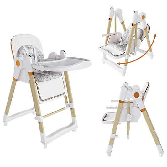 Foldable High Chair for Toddlers with Removable Double Tray & Storage Basket, 5 Height Levels Baby Eating Chair,3 Recline & Footrest Positions, Lockable Wheels,Easy Clean Feeding Chair (White)