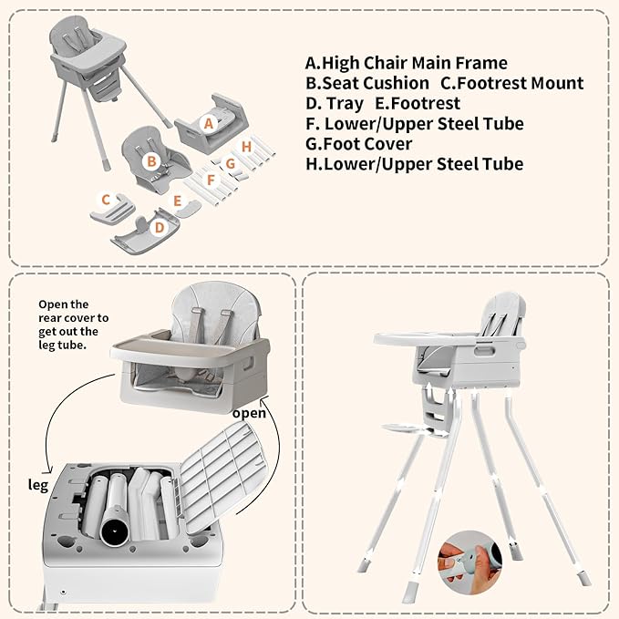 Portable 3 in 1 High Chairs for Babies and Toddlers, Convertible Baby Feeding Chair with Tray, Easy Clean Baby High Chair for Toddler with Foot Rest, Infant Highchairs & Booster Seats with Cush Grey