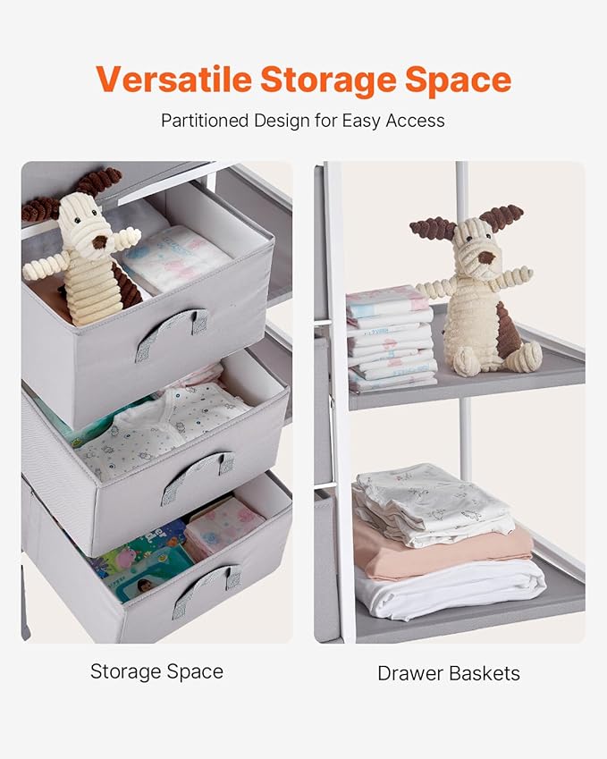 VEVOR Baby Changing Table, Adjustable Height Diaper Change Station with 3 Fabric Drawers & Lockable Wheels, Portable Multifunctional Changing Station Table with Storage Organizer Nursery, Gray