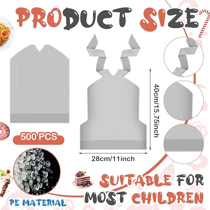 Skicuff 500 Pcs Disposable Plastic Bibs Bulk for Kids 11" x 15.75" Children Eating Bibs with Crumb Catcher for Toddlers (Silver Ash)