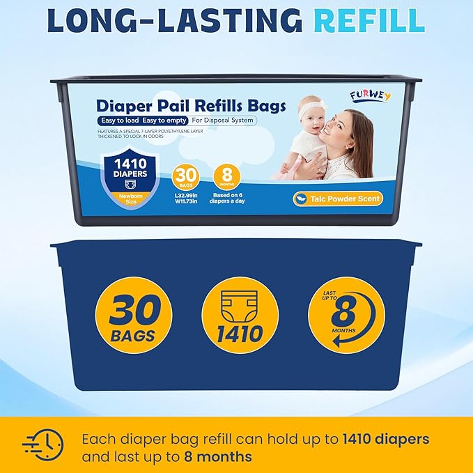 Diaper Pail Refill Bags 30 Bags Per Refill，Compatible with Genie Easy Roll Signature Diaper Pails Holds Up to 2820 Newborn Diapers Talc Powder Scent 7 Layer Odor Barrier,Scented,2PACK (60 Bags)