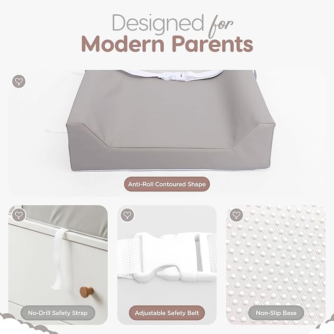 Waterproof Vegan Leather Contoured Baby Changing Pad | Wipe-Clean PU Leather Diaper Change Mat, Soft, Wipeable Removable & Washable Cover, Non-Slip Bottom, Standard Infant Diaper Table & Dresser Grey