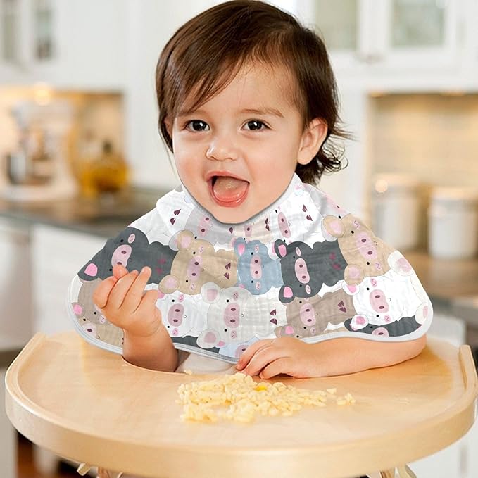 Muslin Burp Cloths for Baby Boys and Girls - 4-Pack Ultra Absorbent Cartoon Pig Muslin Washcloths, Newborn Towel, Milk Spit Up Rags, Burp Cloth Bib for Unisex, 22 x 11 Inch